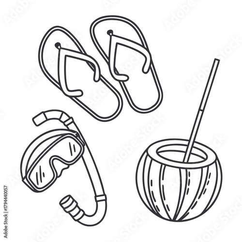 Illustration of flip flops, snorkel mask, and coconut drink with straw in black outline style art