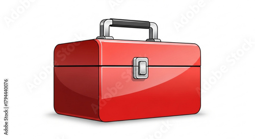 A red toolbox, a container for carrying tools, typically made of metal or plastic, with a hinged lid