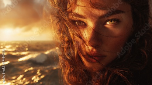 Fototapeta Naklejka Na Ścianę i Meble -  stunning woman s glowing in the golden sunset above the stormy sea, wind in her hair, warm sunlight reflecting in her eyes, ocean waves sparkling