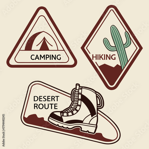 Illustration showing camping tent in triangle, cactus in diamond, and hiking boot with desert route text.