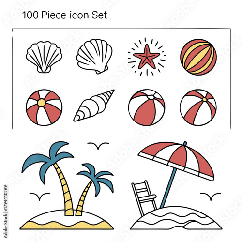 Illustration of summer themed icons including shells, beach balls, islands, and beach umbrellas art set
