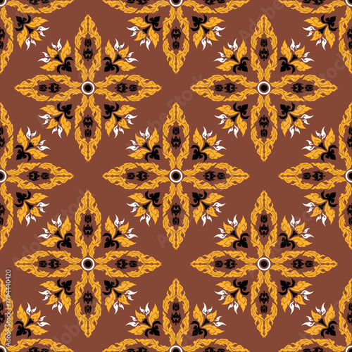 Basic Thai floral, Geometric, Ethnic pattern, tribal fabric, tile, carpet, vector, illustration design, on a yellow-brown background 