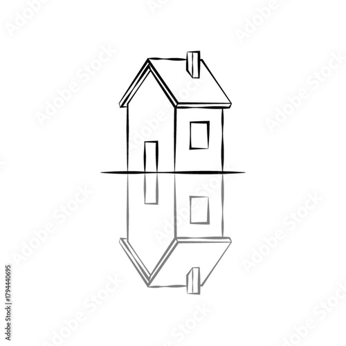Simple minimalist house reflecting in water or on a mirror surface. Black and white line art illustration representing stability, home ownership, or a dream property.