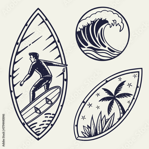 Illustration featuring a surfer riding a wave, a large wave, and a palm tree on a surfboard design