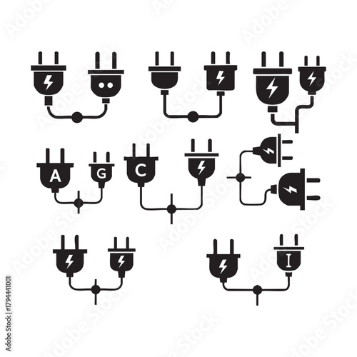 Set of connected electric plugs with lightning symbols and different designs energy