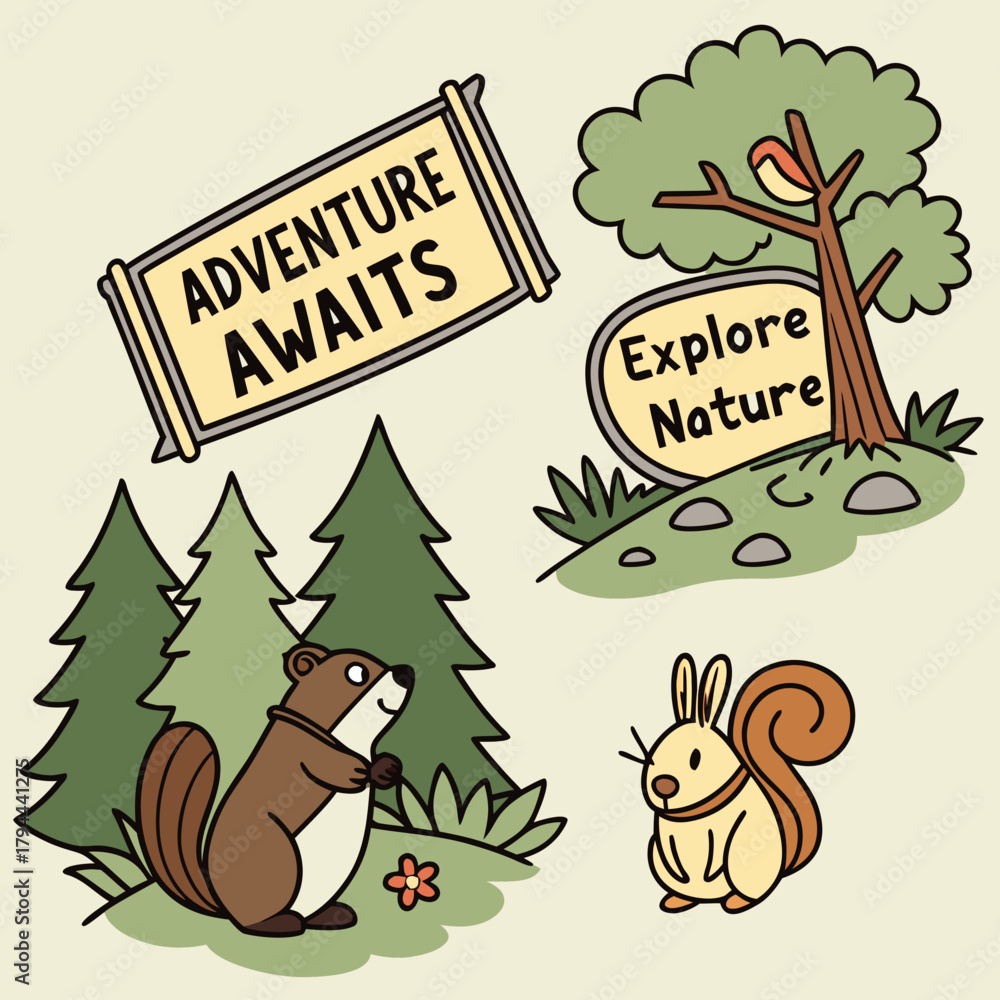 Naklejka premium Illustration featuring adventure awaits banner, nature sign, trees, squirrel, and a beaver in a forest scene