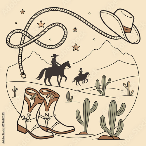 Illustration of a western scene with cowboys, horses, boots, cactus, rope and hat in desert view