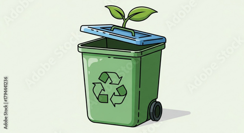 A green recycling bin with plants growing out of it, symbolizing sustainable waste management the design is illustrative