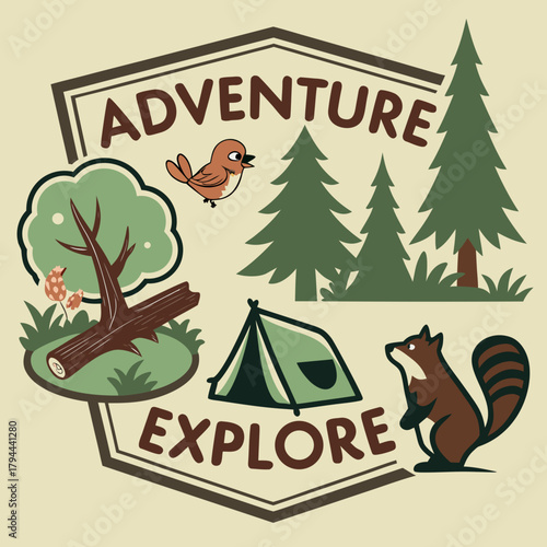 Illustration of camping scene with tent, trees, bird, squirrel, and the words adventure explore