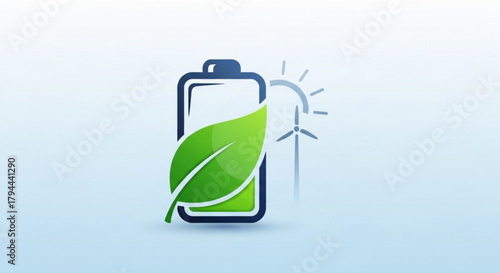 Battery with leaf and wind turbine representing green energy, renewable energy, and sustainable power generation for a cleaner environment