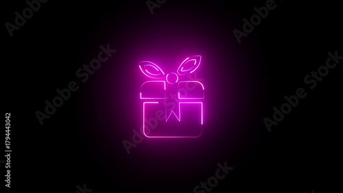  Abstract Christmas gift box icon neon glowing animation on black background .