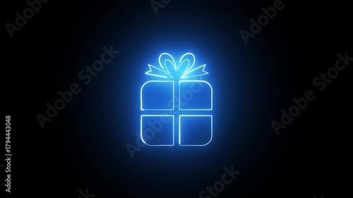 Christmas gift box icon neon glowing animation on black background .