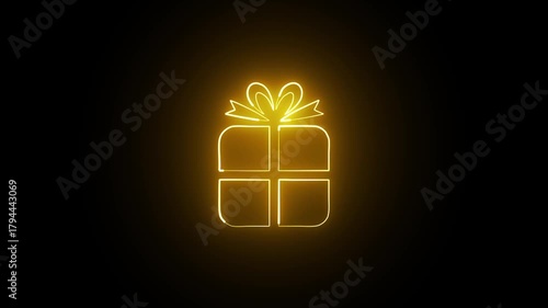 Christmas gift box icon neon glowing animation on black background .
