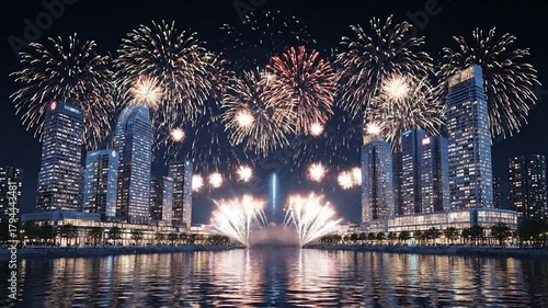 A dazzling urban display, with fireworks exploding above a cityscape along a reflecting body of water