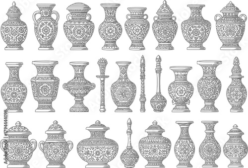 Collection of intricately decorated antique ceramic vases and urns showcasing detailed floral and geometric patterns in a vintage style
