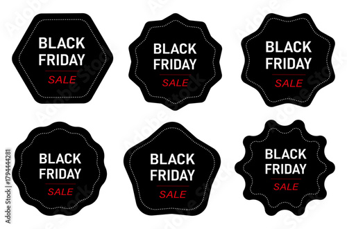 Black Friday sale badge set with spiked and wavy star shapes on white background for discount and marketing design