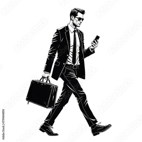 Businessman Walking With Briefcase And Mobile Phone