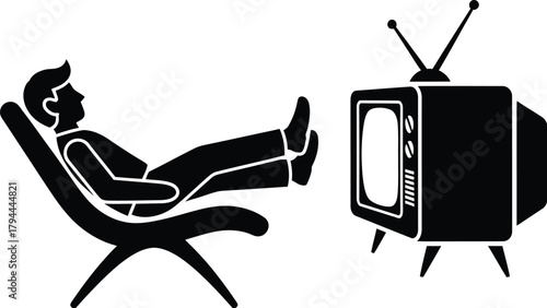 Man watching retro tv relaxation on the chair silhouette icon