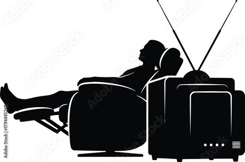 Man watching retro tv relaxation on the chair silhouette icon