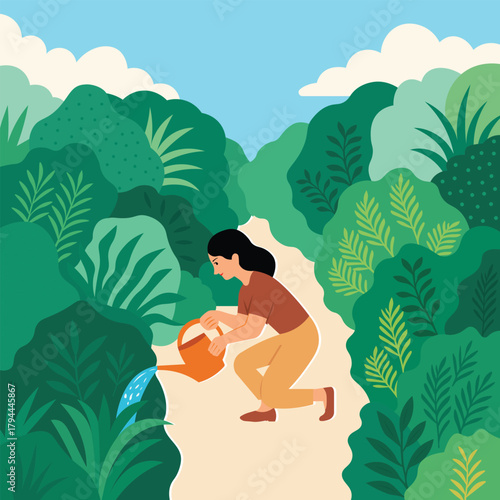 A modern flat vector illustration of a Woman Gardening on a Pathway Enveloped by Rich Green Foliage