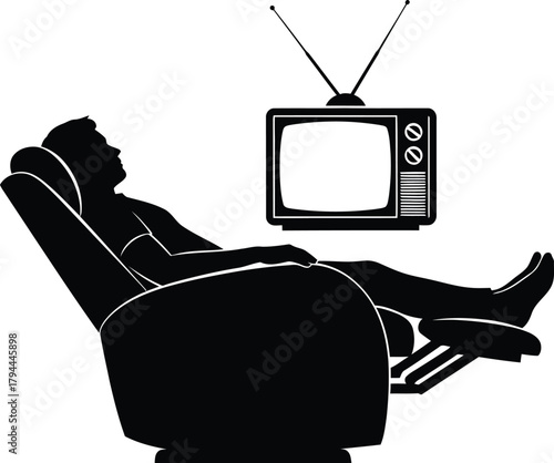 Man watching retro tv relaxation on the chair silhouette icon