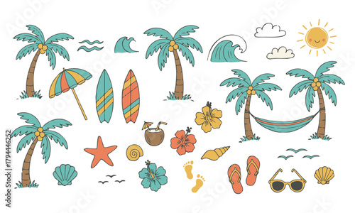 Playful hand-drawn summer paradise doodle icon set. Tropical beach elements in sketch style with crayon and marker texture. Joyful vacation graphics in bright colors, boho coastal theme