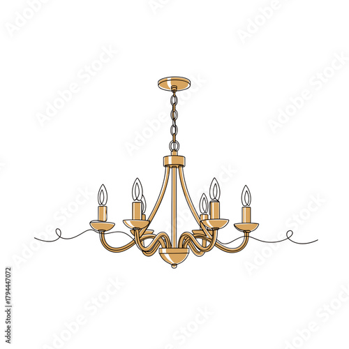 Classic gold chandelier with six candle lights on white background