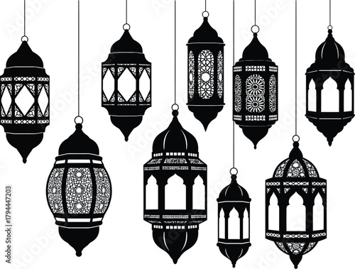 Collection of ornate hanging moroccan islamic lanterns with intricate patterns and detailed designs in black silhouette