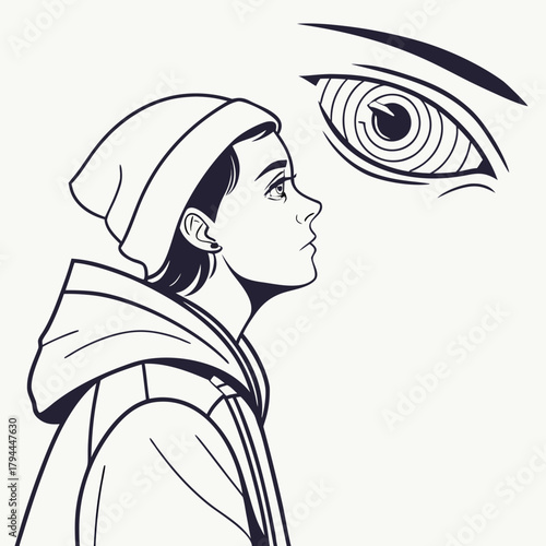 A young person looks up at a large eye