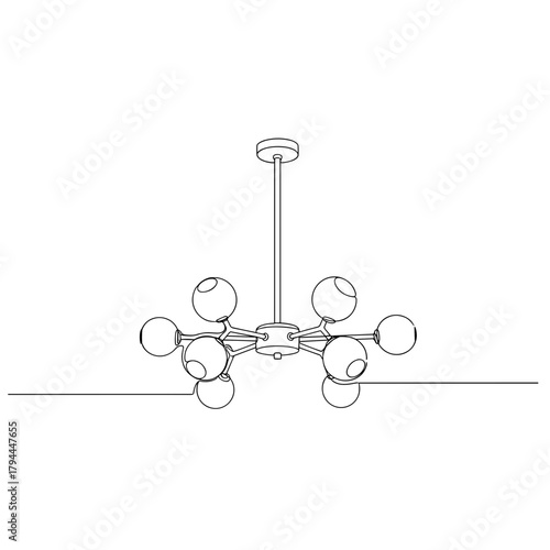 Modern chandelier with eight bulbs line drawing in minimal style