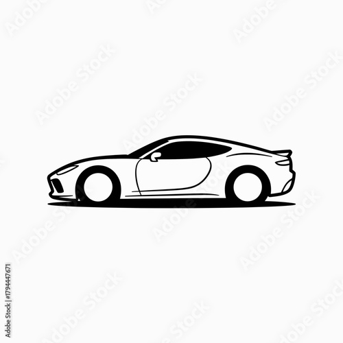 Sleek Sports Car Silhouette Icon, SportsCar, Silhouette, Outline, Icon, Vehicle, Auto, Speed, Fast, Coupe, Aerodynamic, Design, Vector, Graphic, Monochrome, Minimalist, Logo, Emblem, Symbol, Racing, P
