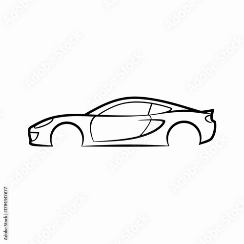 Sleek Sports Car Silhouette Icon, SportsCar, Silhouette, Outline, Icon, Vehicle, Auto, Speed, Fast, Coupe, Aerodynamic, Design, Vector, Graphic, Monochrome, Minimalist, Logo, Emblem, Symbol, Racing, P