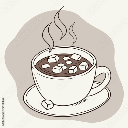 Illustration of a cup of hot chocolate with marshmallows on beige background
