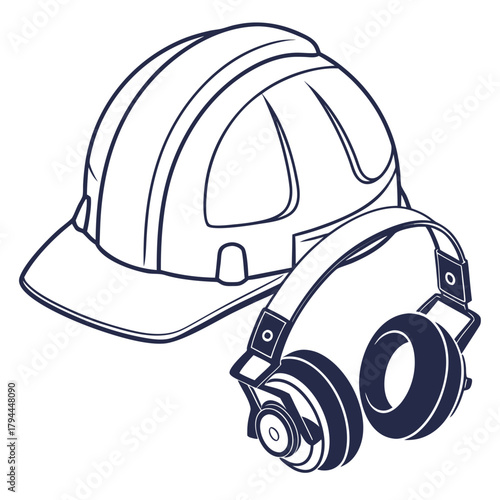 Illustration of a hard hat and earmuffs