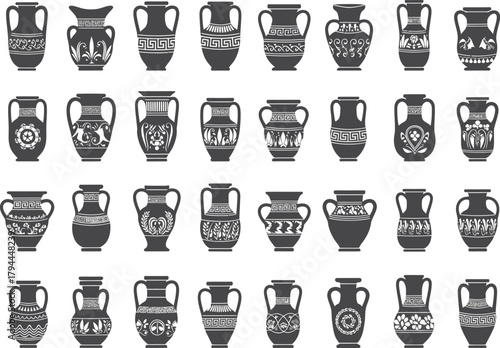 Collection of ancient greek pottery designs featuring amphorae and urns with decorative patterns
