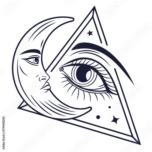 Mystical moon and eye in triangle for design