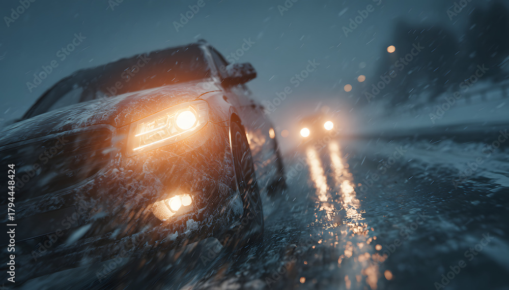 Obraz premium Car headlights illuminate a wet icy road during a winter snowfall. Driving is hazardous with slippery conditions after freezing rain. Traveling safely is key.