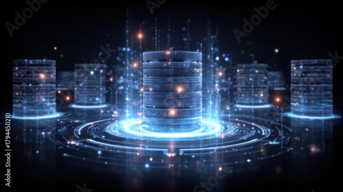 Futuristic visualization of a database hub with program monitoring connectivity and index recovery