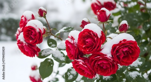 Fototapeta Naklejka Na Ścianę i Meble -  Red roses covered in fresh snow create a beautiful winter floral scene outside