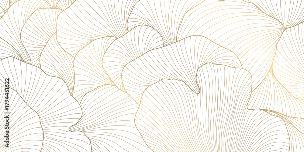 Fototapeta premium Luxury vector gold leaf pattern, elegant linear foliage, palm motifs, delicate floral elements background. Botanical nature wave illustration