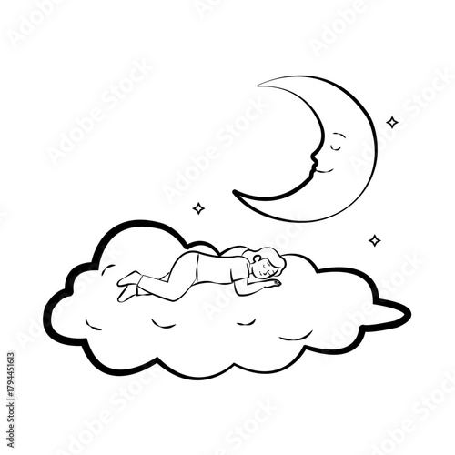 Line art drawing of a peaceful person sleeping on a fluffy cloud beneath a smiling crescent moon. Conceptual illustration of dreams, relaxation, sleep, or tranquility.