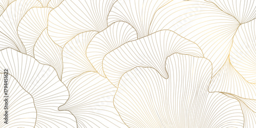 Luxury vector gold leaf pattern, elegant linear foliage, palm motifs, delicate floral elements background. Botanical nature wave illustration