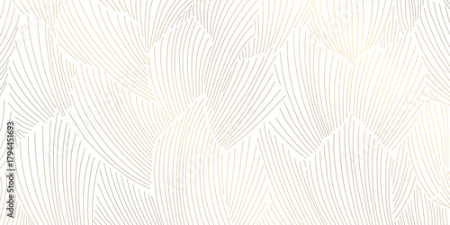 Luxury vector gold leaf pattern, elegant linear foliage, palm motifs, delicate floral elements background. Botanical nature wave illustration