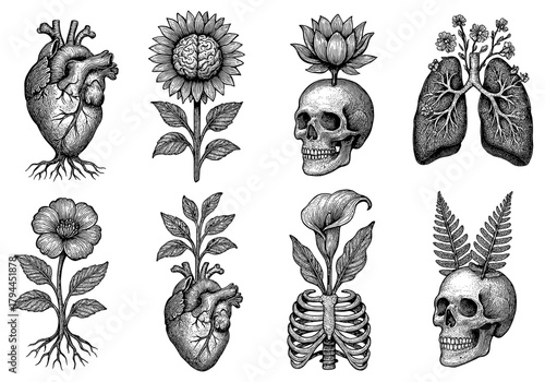 Intricate ink sketches of skulls, hearts, flowers, and lungs with botanical elements