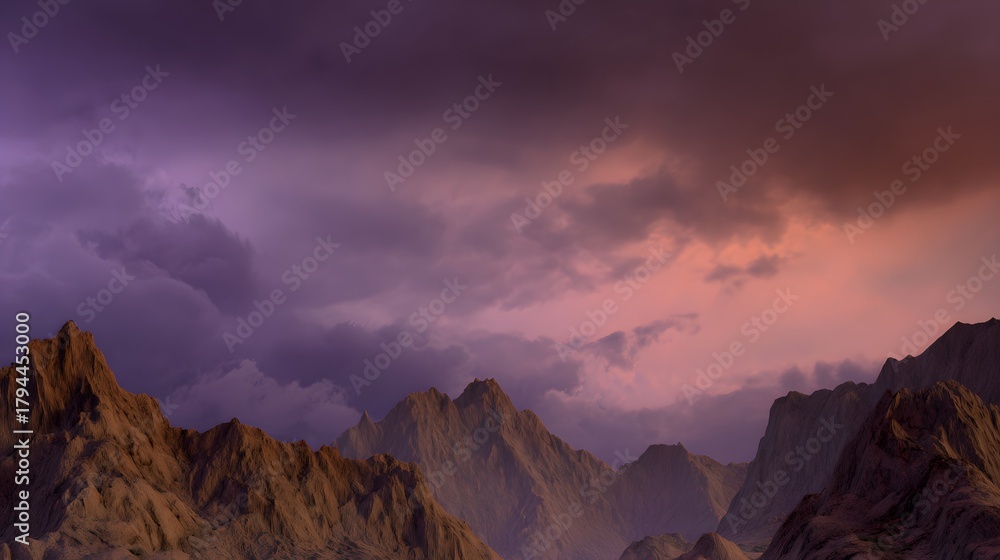 Naklejka premium Dramatic storm descends on rugged mountain peaks bathed in fading twilight hues