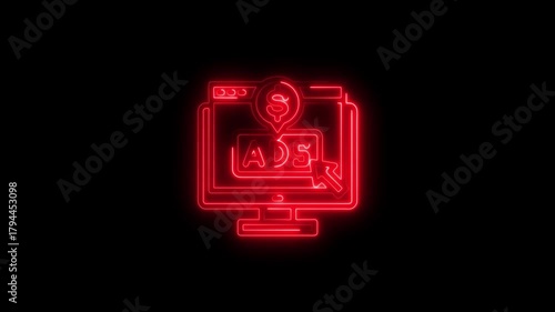 Red neon computer screen with ads and dollar sign on black background monitor advertising