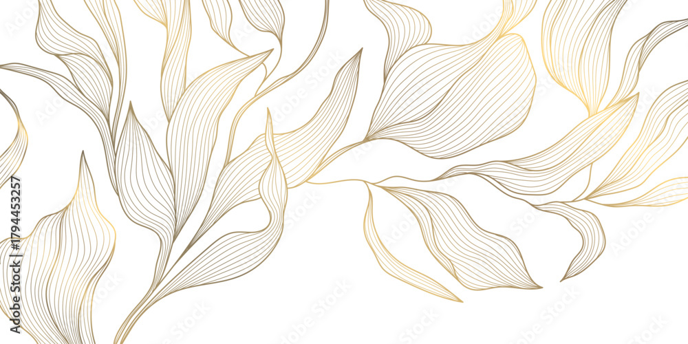 Obraz premium Luxury vector gold leaf pattern, elegant linear foliage, palm motifs, delicate floral elements background. Botanical nature wave illustration