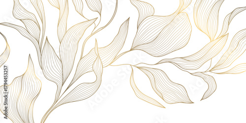 Luxury vector gold leaf pattern, elegant linear foliage, palm motifs, delicate floral elements background. Botanical nature wave illustration