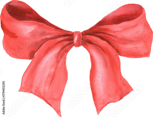 Watercolor hand painted red ribbon bow isolated clipart object perfect for Valentine's day card or romantic love post cards