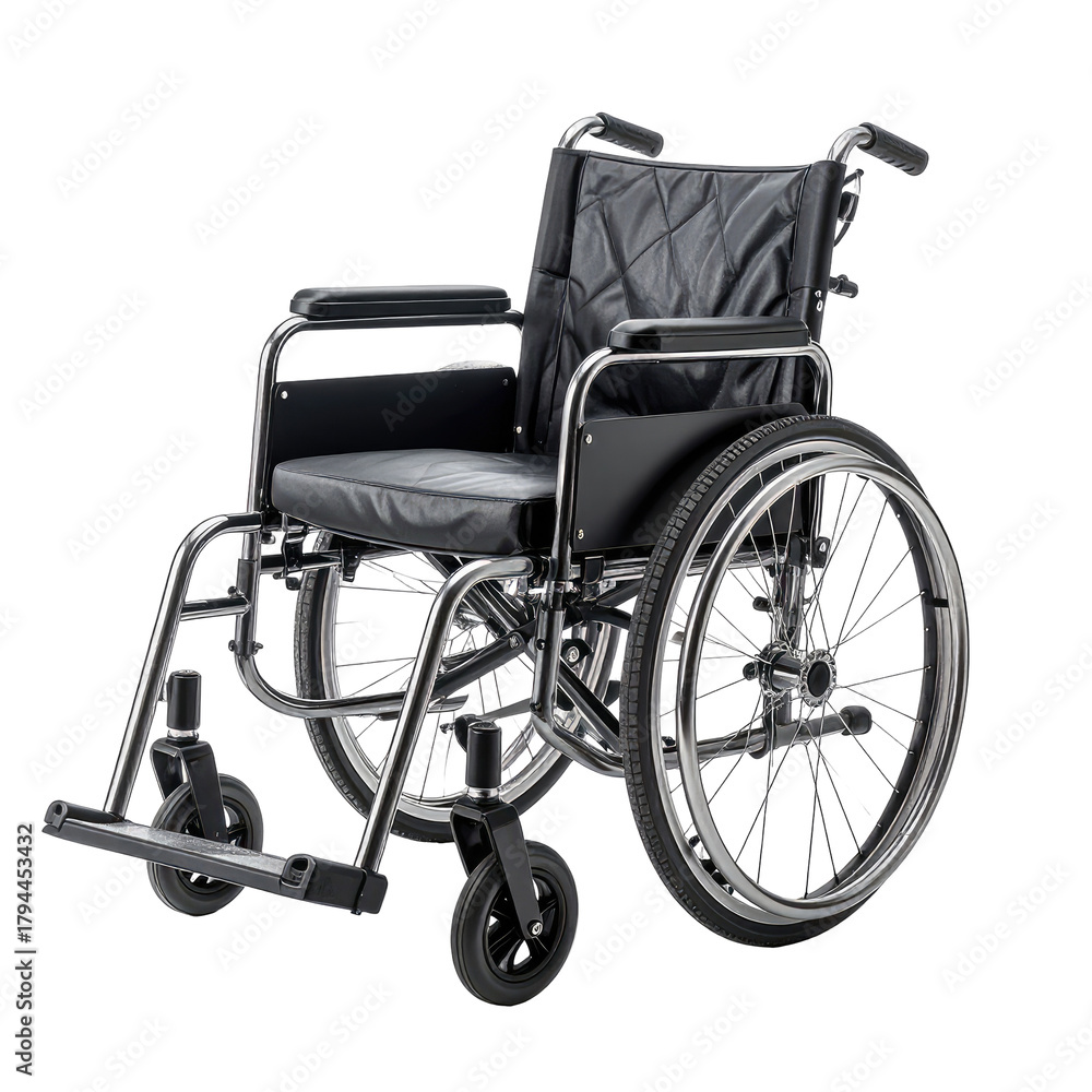 Fototapeta premium Silver wheelchair, black seat and back, tires, armrests, for disabled, isolated
